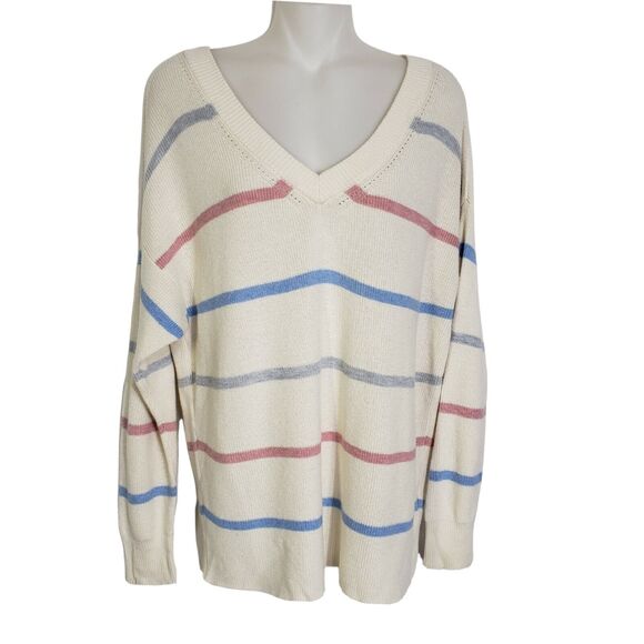American Eagle Women Sweater Medium Pullover V Neck Striped Cream Blue Pink Knit - Picture 1 of 10